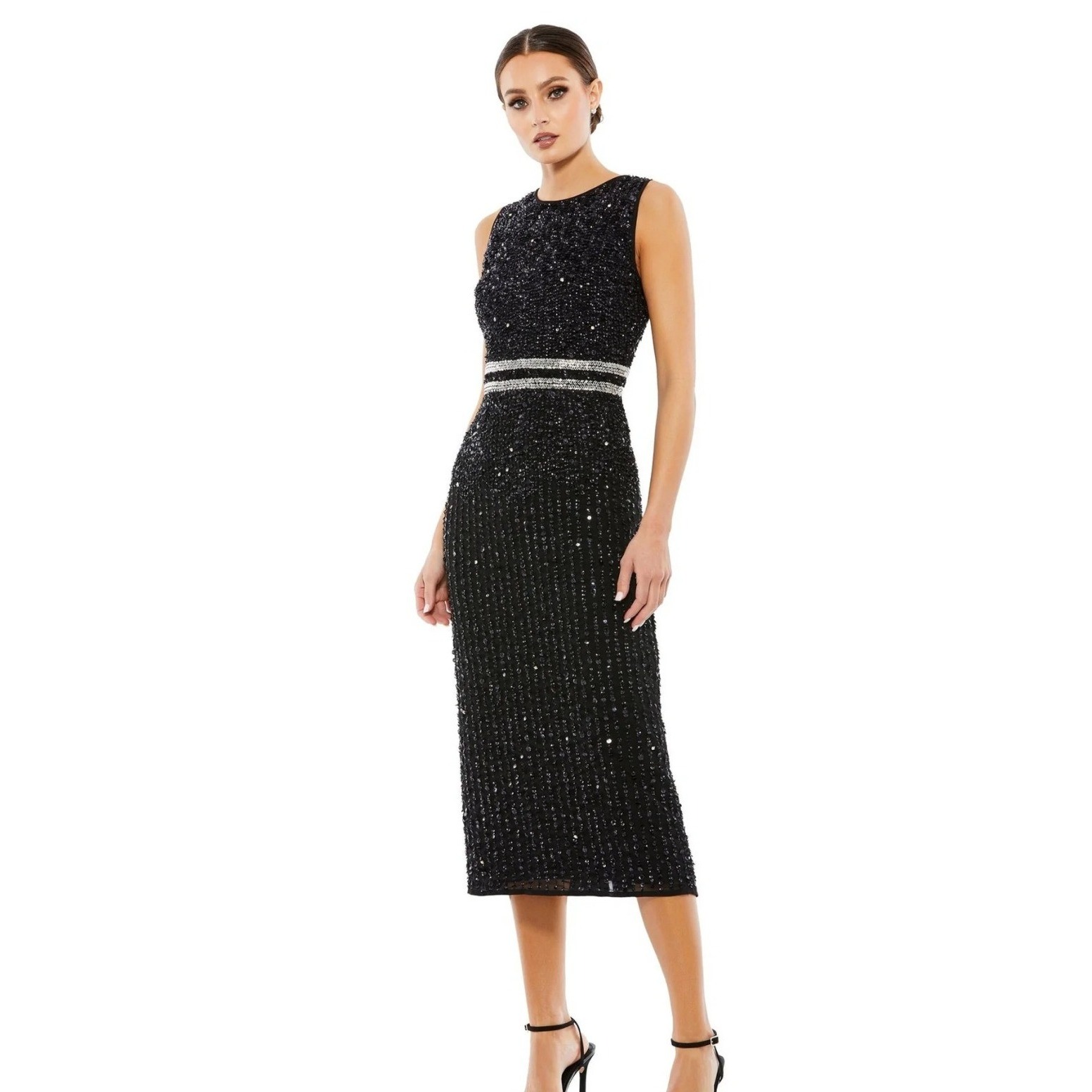Mac Duggal Sequin Midi Dress Womens 8 Navy Blue New Beaded Cocktail Gown
